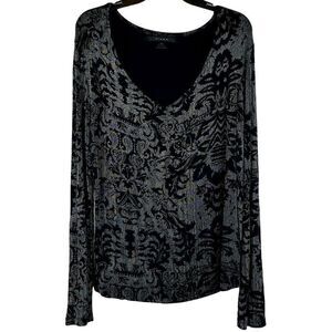 Kiara Floral Stretchy Black Gray V-Neck Travel Blouse Large